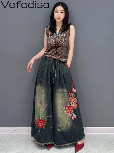 Vefadisa 2024 Summer New Fashion Embroidery Flower Single Denim