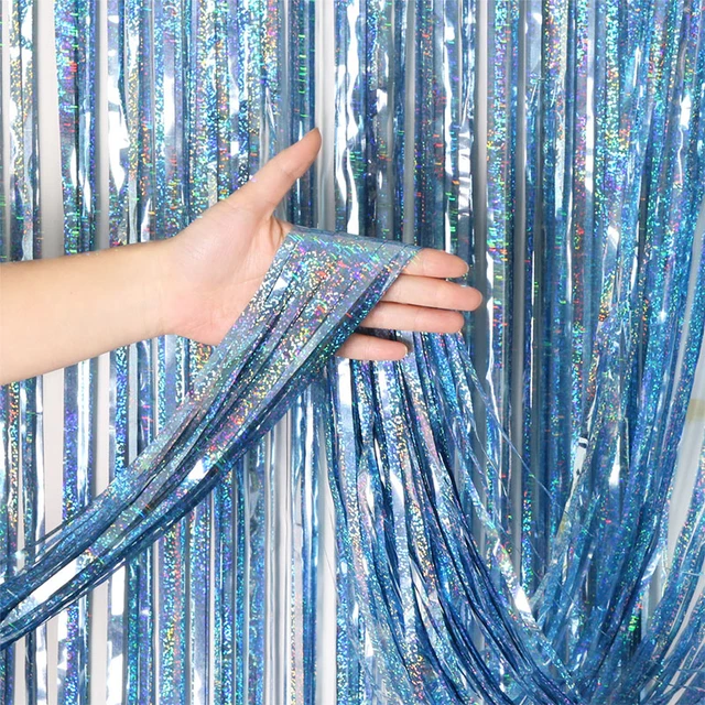 Blue Foil Fringe Curtain, Blue Backdrop for Under The Sea Party  Decorations, Blue Tinsel Backdrop for Ocean Backdrop