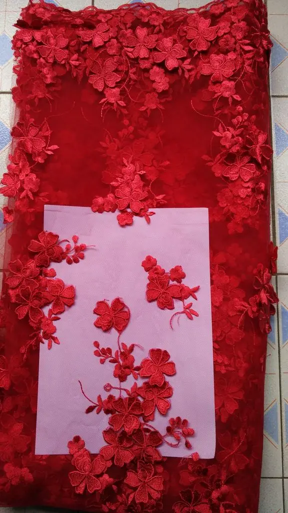

Latest Handmade Net Embroidered 3d Fabric Red Flowers Diy Lace Fabrics Trim Needlework France Wedding Dress african Tissu Coton