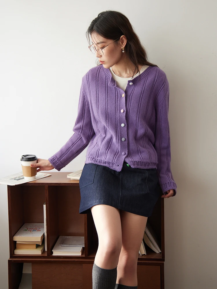 

DUSHU Round Neck Women Purple Temperament Straight Single Breasted Cardigans Colorful Button Design Female Beige Warm Sweaters