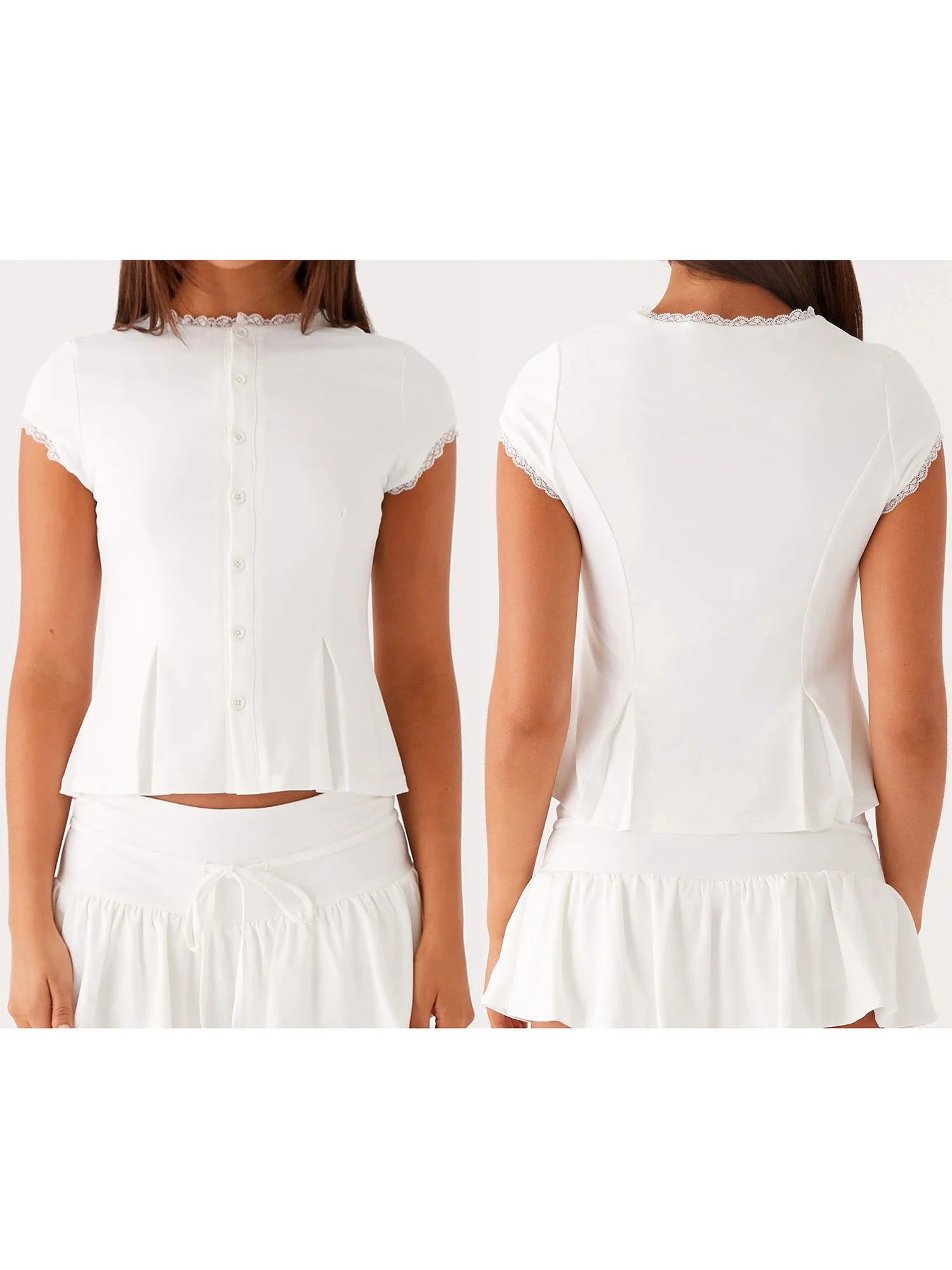 Elegant Floral Lace Blouse with Ruffled Cap Sleeves and Button-Up Front - Stylish Round Neck  Fit Shirt for Women