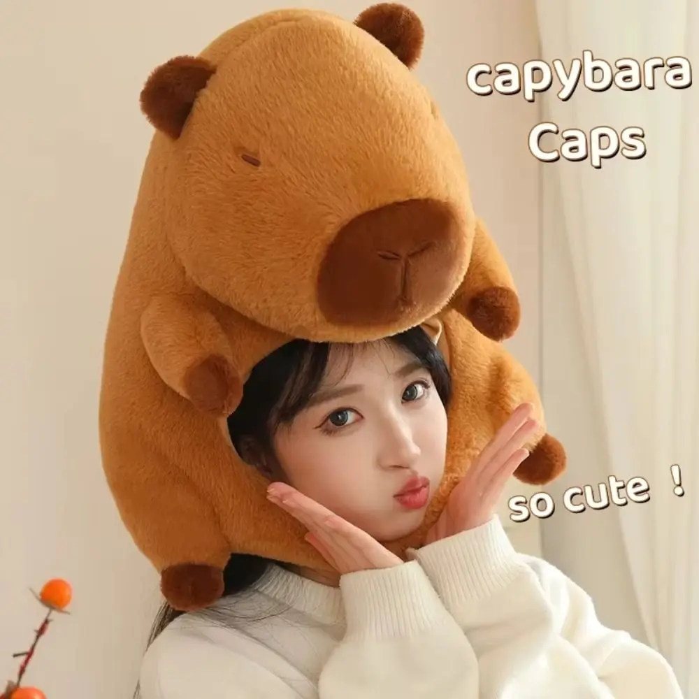 Novetly Cap Stuffed Doll Capybara Plush Hair Cap Warm Thick Capybara Head Mask Fluffy Soft Plush Animal Rodent Hat Children Gift