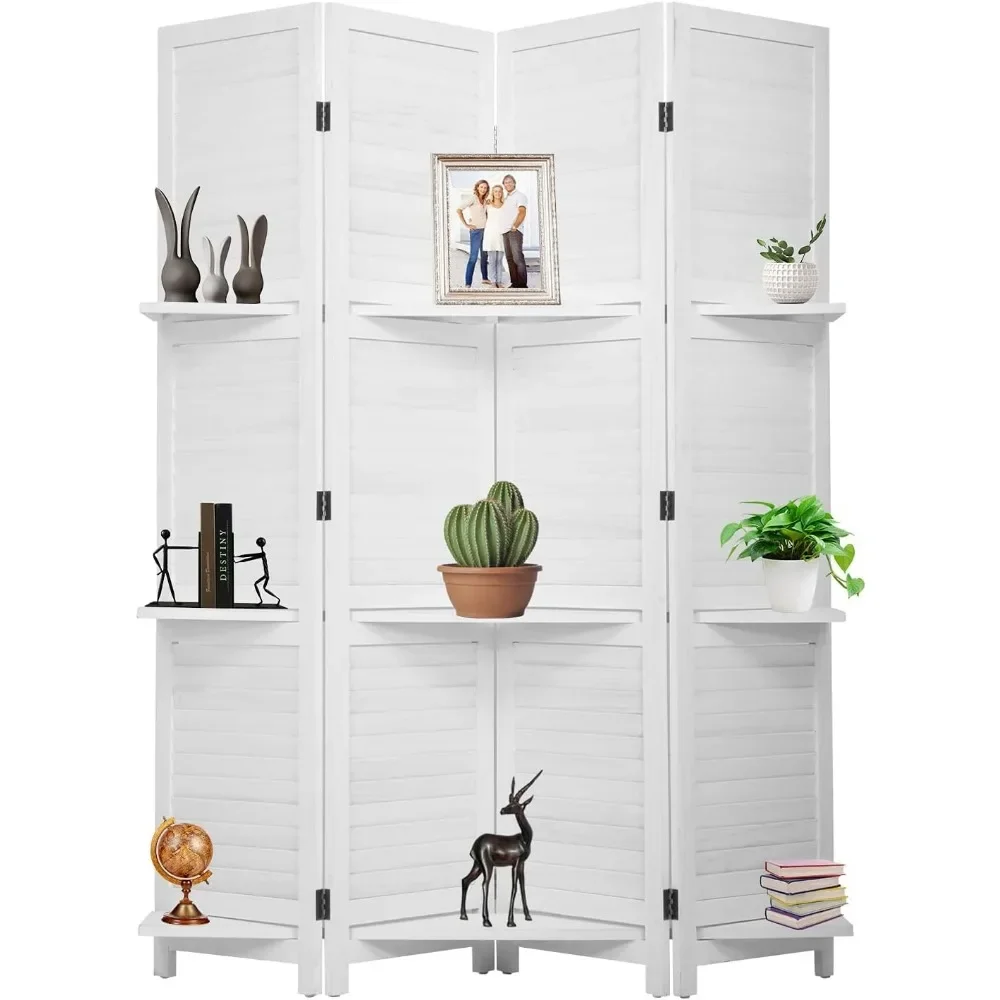 Room Divider Folding Privacy Wooden Screen with Clever Shelf Portable Partition
