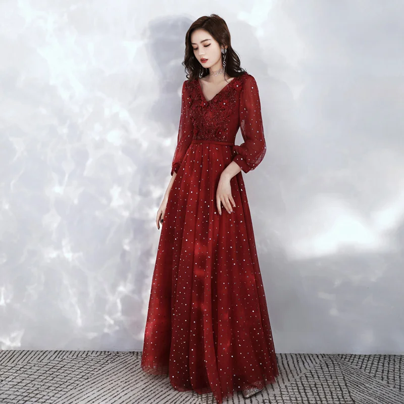 Long Sleeve Evening Dresses 2021 Elegant V-neck A-line Floor-length Sequined Tulle Women Formal Gowns For Wedding long sleeve evening gowns