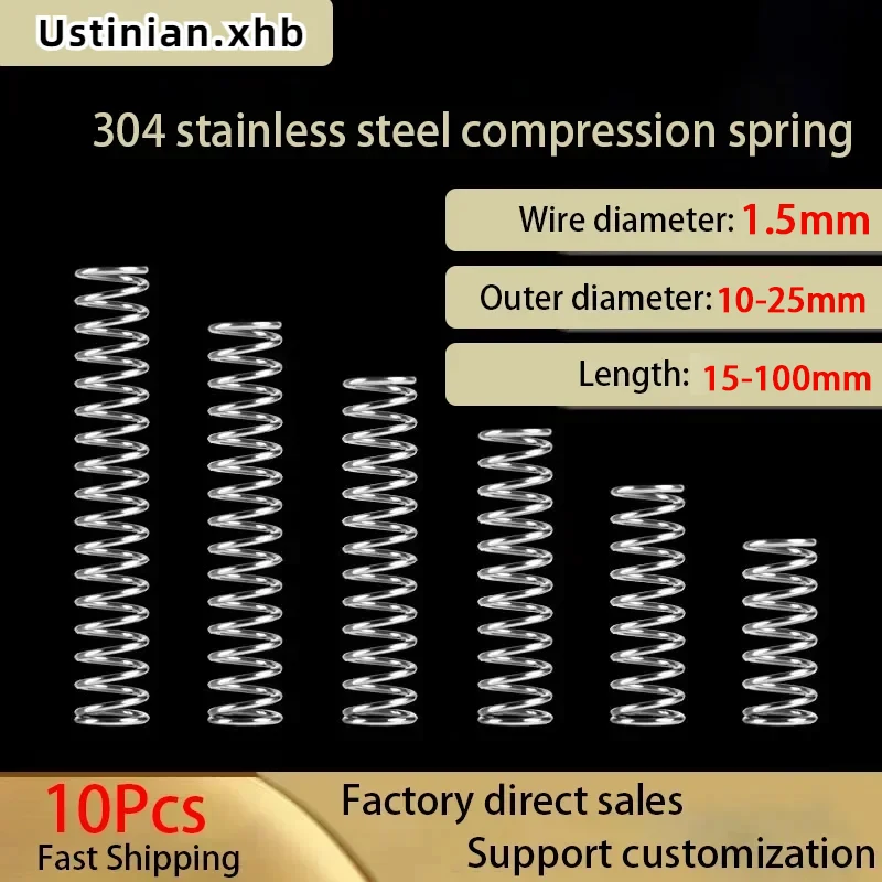 

304 Stainless Steel Spiral Return Compression Spring, Wire Diameter: 1.5mm, Outer Diameter: 10-25mm, Length: 15-100mm, 10Pcs