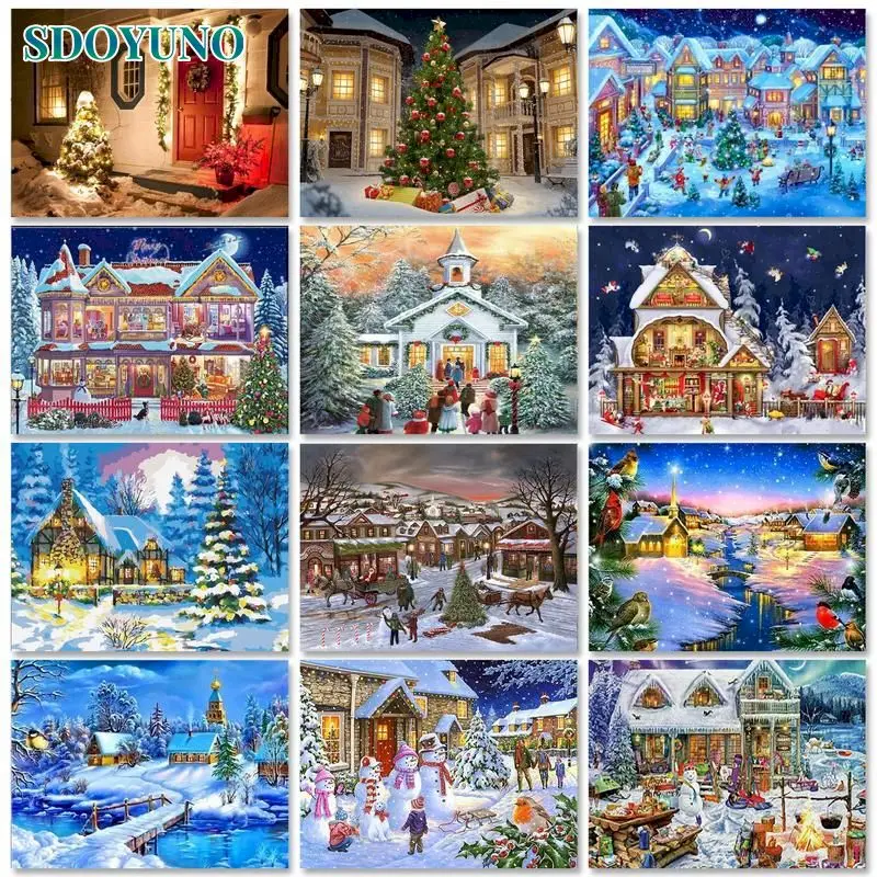 

SDOYUNO Christmas 60x75cm Paint by numbers Unframe Decorative paintings Snow Scenery DIY Painting by numbers Home decor