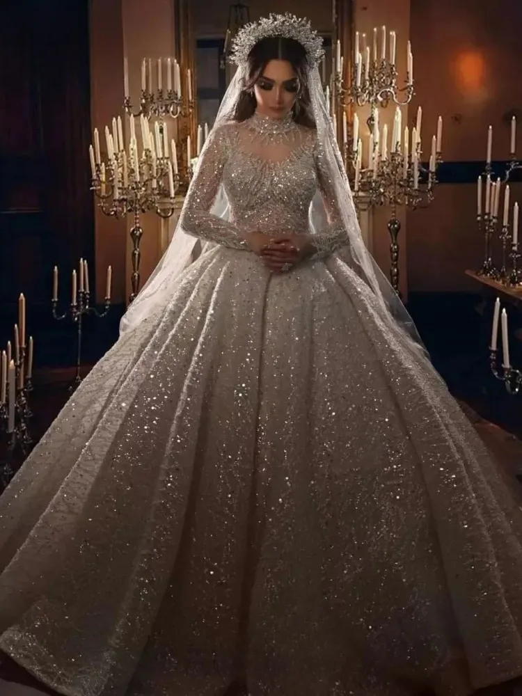 

Sparkly Princess Wedding Dress Dubai Beaded Arabic Long Sequined Sleeves High Neck Gorgeous Bridal Gowns Tulle Vestido De Novia