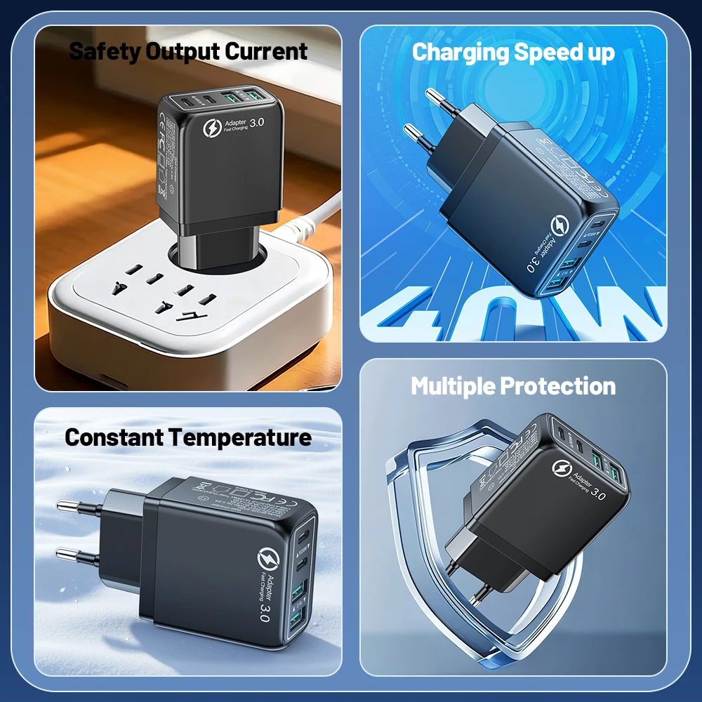 40W USB C Phone Charger Power Adapter Mobile Phone Adapter Quick Charger 3.0 For iPhone Samsung Xiaomi EU/US/UK Plug Wall Charge