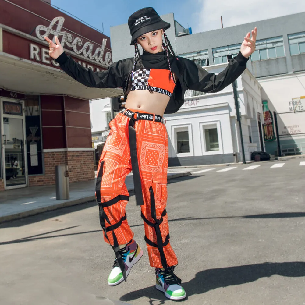 

Girls Hip Hop Clothing Street Wear Korean Black Crop Top Orange Jogger Pants Vest Outfit Children Performance Costumes