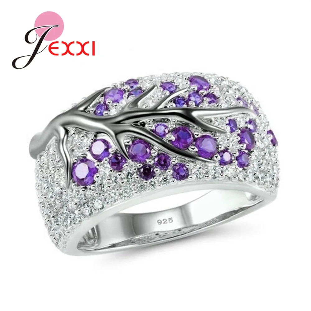 Solid 925 Silver Color Austrian Crystal Finger Rings Colorful Tree Original Design Men Women Couple Jewelry