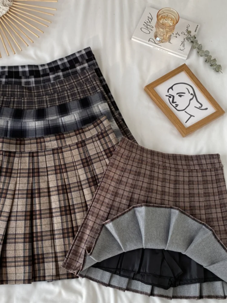 Korean Style Plaid Pleated Skirt Female Spring and Autumn High Waist Thin A-line Short Skirt Student Woolen 2022 NewSummer Skirt