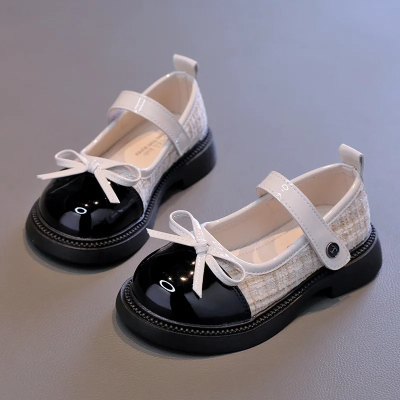 Girls Leather Shoes Fashion Bowknot Non-lip Soft Sole Autumn Plaid PU Leather Outdoor Kids Casual Shoes Children Flats