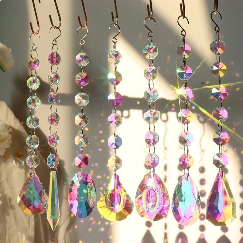 Suncatcher Hanging Crystal Light Catcher Chain Pendants Wind Chimes Rainbow Prism Light Catching Jewelry Garden Home Decor