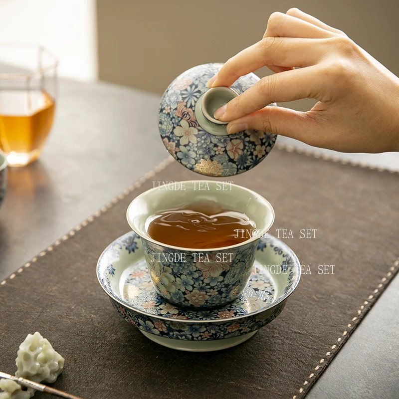 150ml Blue and White Ru Kiln Three Talents Bowl Cover Household Enamel Colored Tea Cup High End Kung Fu Tea Set with Lid
