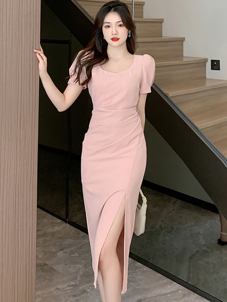 Midi Dress Slim Fit Party Dresses Summer Pink Bodycon Pleated Midi