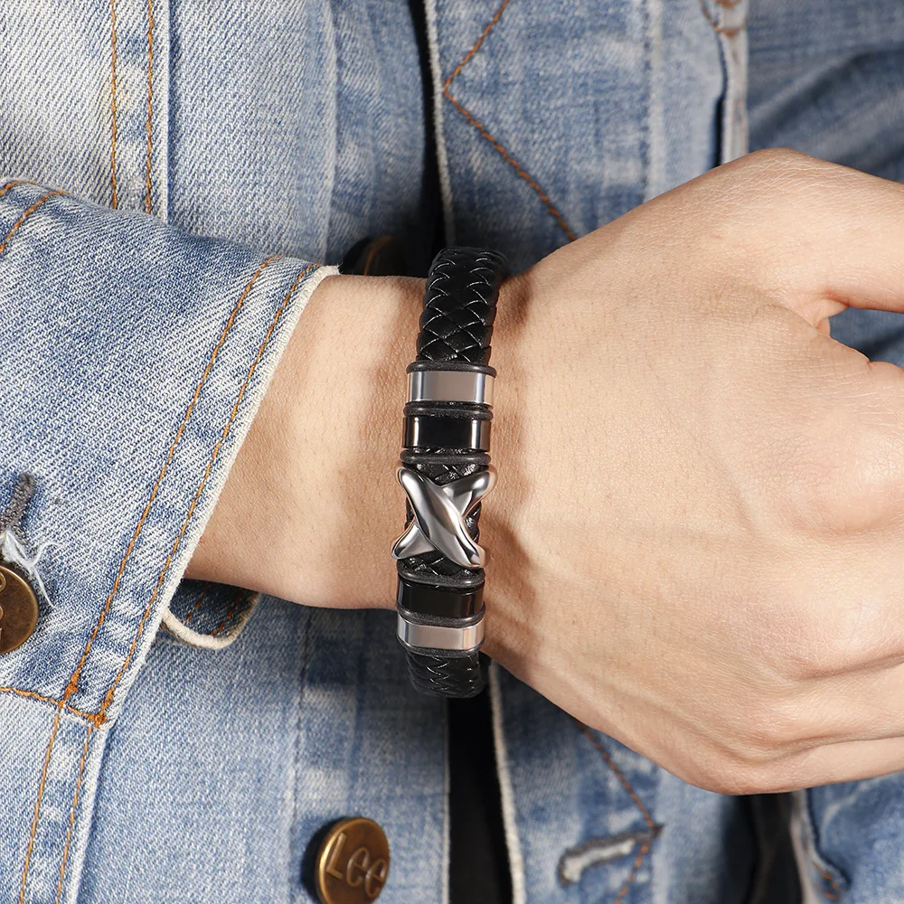 

Light luxury fashion letter X hand-woven leather stainless steel charm bracelet for men