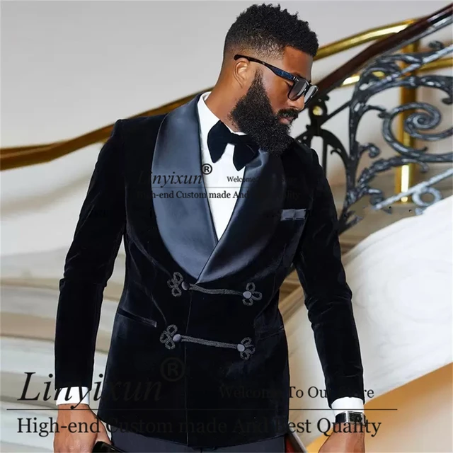 2022 Slim Fit Men's Black Suit Wedding Velvet Lapel 3 Piece Blazer Set