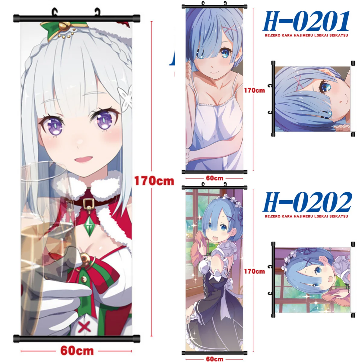 Anime Re:Life In A Different World From Zero Scroll Hanging Painting Rem Ram Emilia Art Poster Wall Decoration Home Decor 60x170