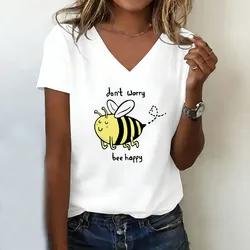 Kawaii Bee V - Neck Casual Animal Print Women's Tee - Short Sleeve Summer Top - XXL (WHITE)