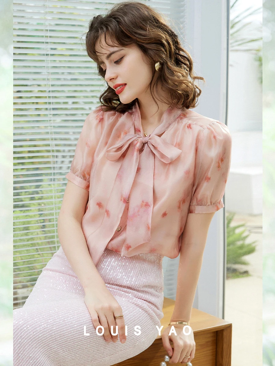 LOUIS YAO Women Shirt 2024 Summer Elegant Lace Up V Neck Blouses Print Puff Sleeve Women's Top