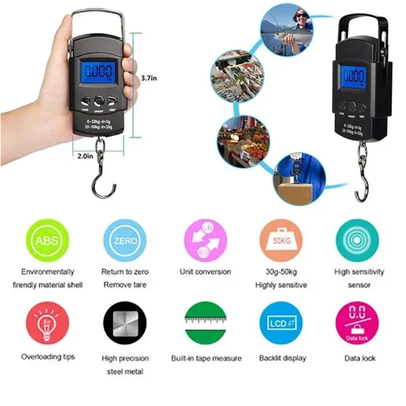 50kg/10g LCD 미니 저울 전자 낚시 수하물 여행 가중치 후크 저울 휴대용 디지털 주방 저울