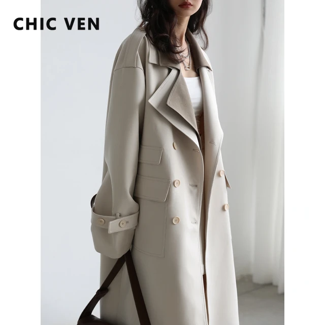 CHIC VEN Women Trench Solid Loose Contrst Double Collr Double Brested Long Womens Windbreker Cot Office Ldy Spring 2022| |  