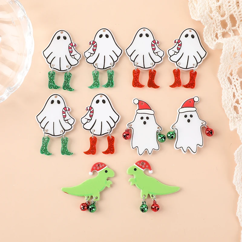 

10pcs Christmas Charms Creative Acrylic Ghost Dinosour Gingle Bells Jewelry For Necklace Keychain Diy