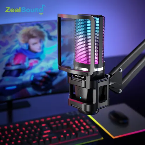Zealsound RGB 녹음 마이크, 관절 암, USB 콘덴서 마이크, 삼각대 포함, 게임 팟캐스팅, 유튜브 스트리밍용 3
