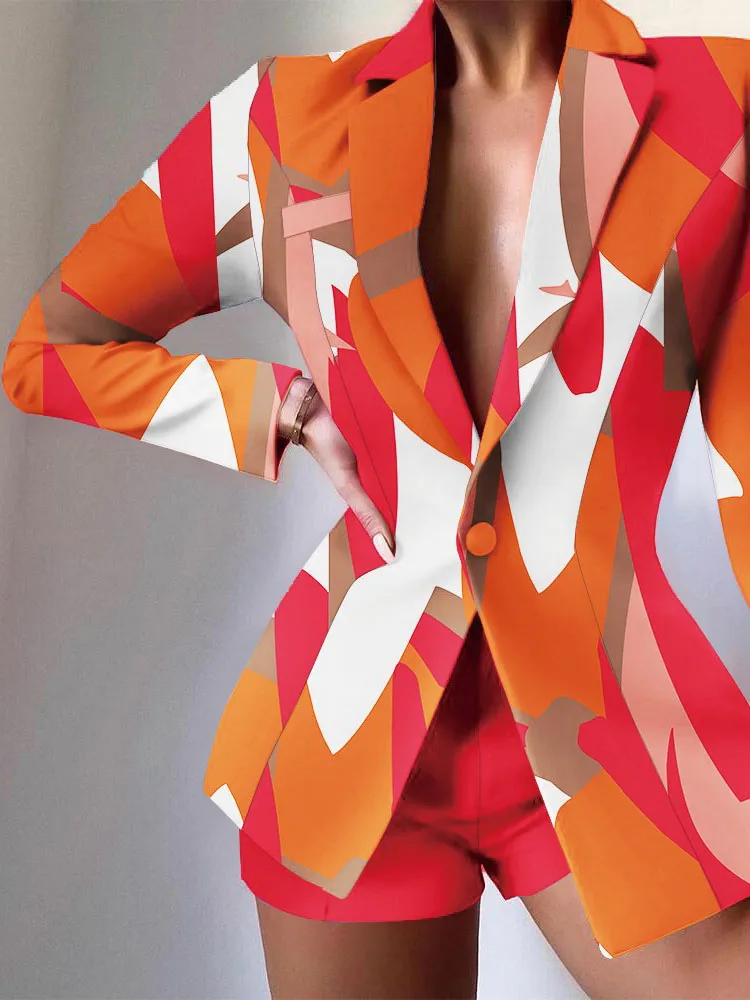 

Женский офисный деловой костюм, элегантный топ на одной пуговице и шорты с принтом, облегающий комплект из двух предметов с длинным рукавом, весна-осень 2022