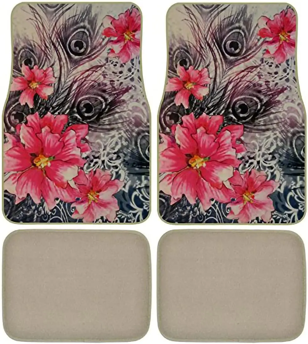 

Hibiscus Flowers Peacock Feathers Car Truck SUV Universal-fit Front & Rear Seat Carpet Flower Floor Mats - 4pc
