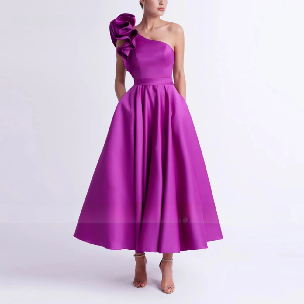Elegant One-Shoulder Ruffle Satin Quinceanera Dress Back Zipper Ankle Length Prom Party Dress with Pockets Robes De Soiree party dress quinceanera dresses