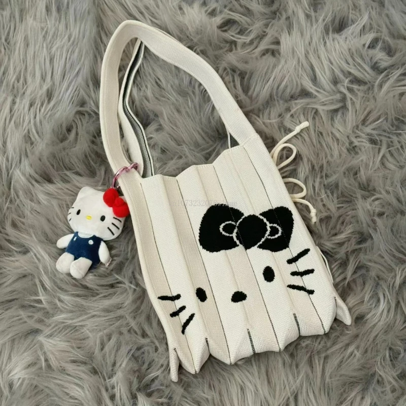 Sanrio Hello Kitty Niche Designer Pleated Shoulder Shopping Bag Summer Foldable Knitted Large Portable Handbags Korean Tote Bag