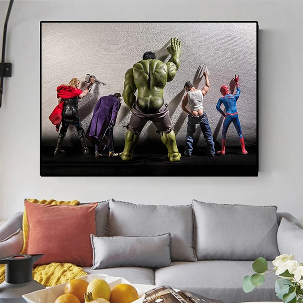 Bagno Wall Art Decor Supereroe Funny Pee Canvas Painting Spiderman Hulk Thor In Toilet Poster Home Room Decoration Picture