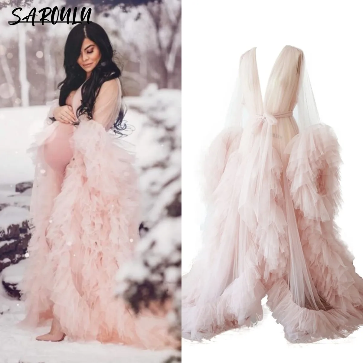 

Sexy Illusion Long Lingerie Tulle Evening Dress Bathgown Robe Nightgown Bathrobe Sleepwear Bridal Robe Party Prom