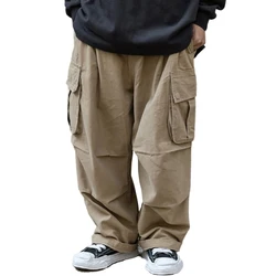 Multi-Pocket Cargo Pants Mens Safari Style Solid Color Pleated Loose Straight-leg Pants Elastic Waist Casual Trousers Men