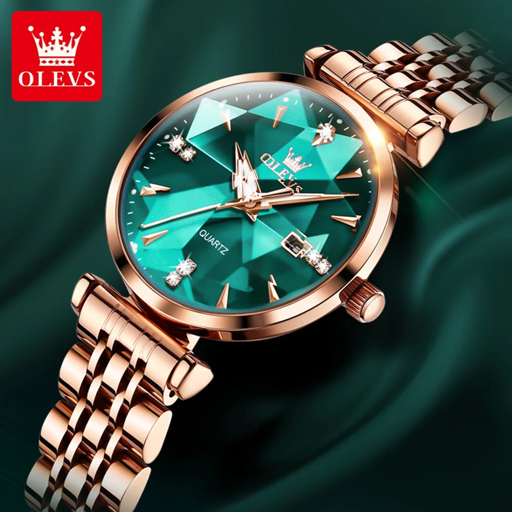 OLEVS 5536 Woman Watch Fashion Rhombus Mirror Calendar Quartz Watch For Women Original Waterproof Ladies Wristwatch Steel Strap