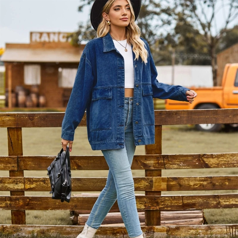 

Women Oversized Denims Distressed Lapel Button Up Long Sleeve Jean with Pocket Casual Jeans Trucker