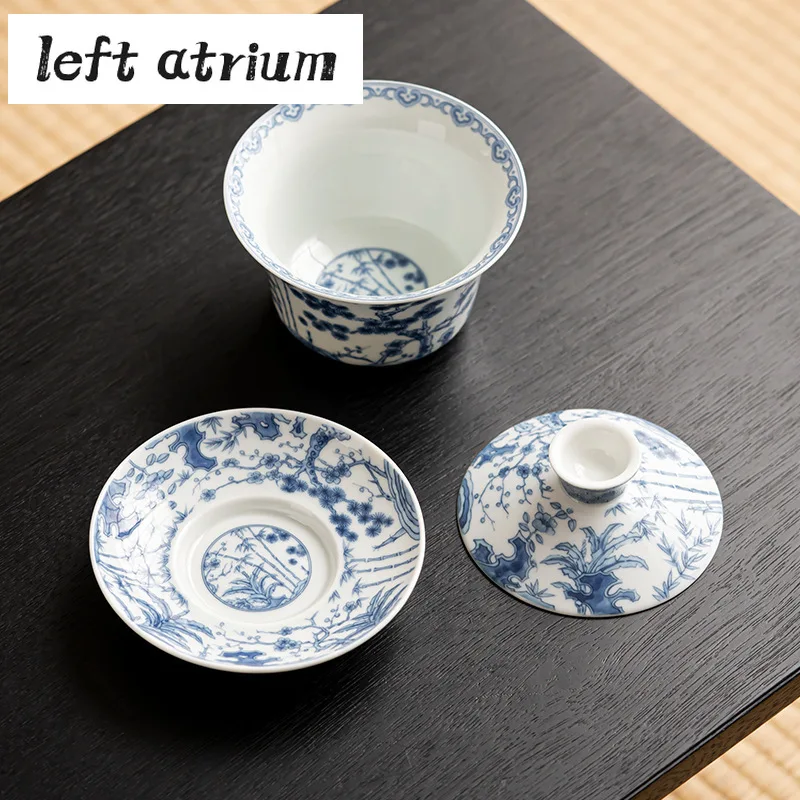 300ml Antique Blue and White Gaiwan Retro Dargon Cup Saucer Tea Tureen Chinese Tea Maker Cover Bowl Services Supplies Craft