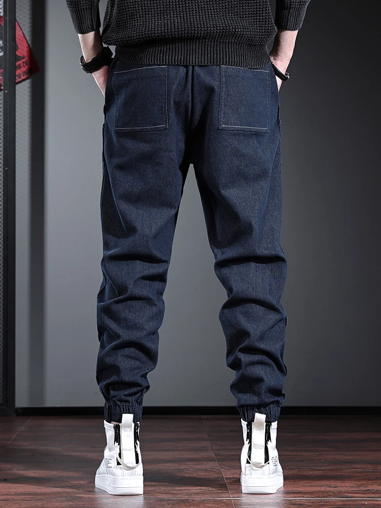 Autumn Blue Baggy Jeans Men Casual Elastic Waist Pencil Pants Streetwear Loose Drawstring Jogging Solid Denim Trousers