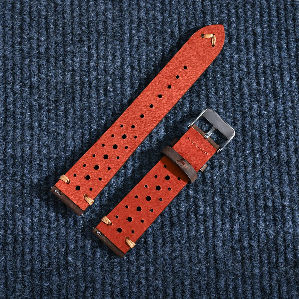 Vintage Style Handmade Genuine Leather Watch Strap - Soft, Stitched Rally Design