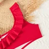 Bikini Girls Kids Swimsuits One Shoulder Ruffles Swimwear Solid Color Backless Bathing Suit 4