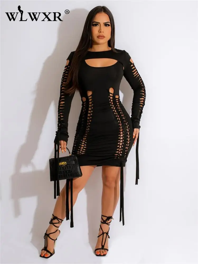 

WLWXR Summer Street Black Bodycon Midi Dresses For Women 2023 All White Hollow Out Dresses Long Sleeve Backless Night Club Dress