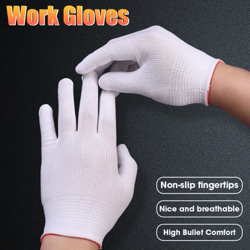 Safety Work Gloves White Thin Nylon with Elastic Wrist Opening Non-slip 1/5Pairs For Labor Work Gardening