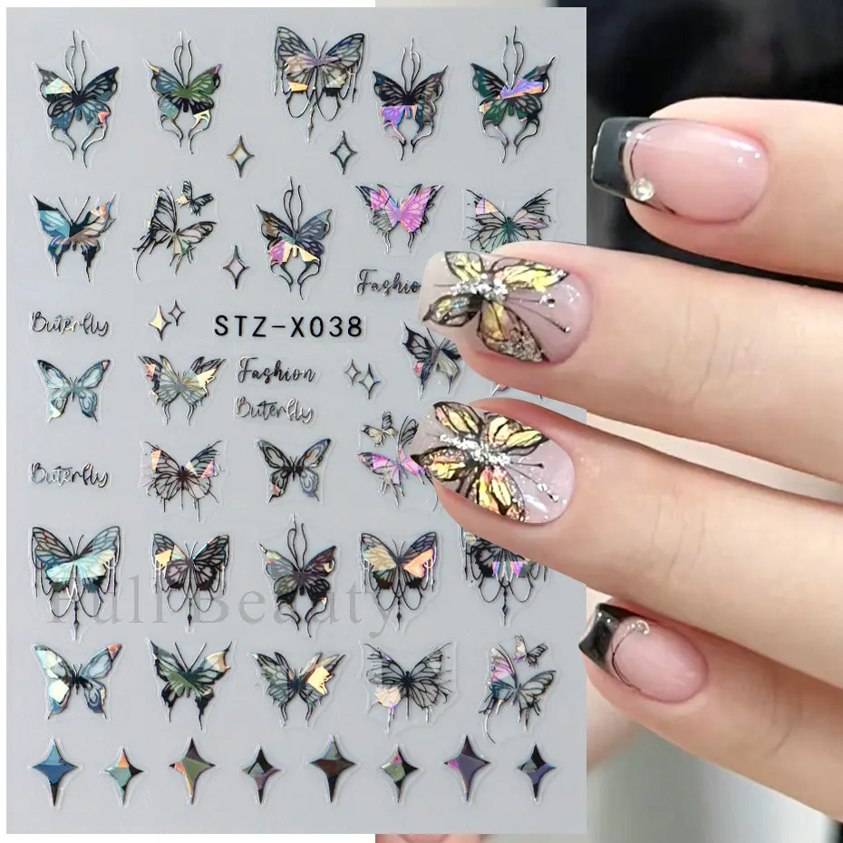 Nail Stickers 3D Holographic Black Butterfly Slider Laser Self-adhesive Decals Dark Castle Tassels Designs