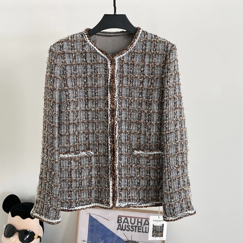 

High Quality Plaid Tweed Jacket for Women 2023 Autumn Winter Vintage O-neck Woven Chaquetas Para Mujeres Korean Jaqueta Feminina