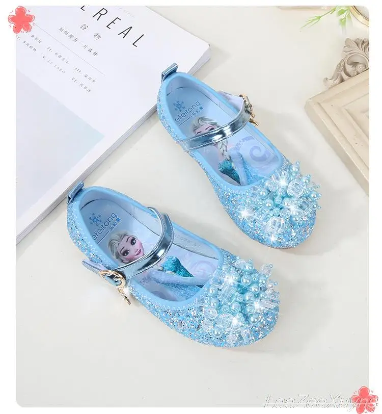 Disney Girls Princess Shoes Soft Sole Little Girl Frozen Children Crystal Casual Shoes Flat Leather Show Dance Shoes Size 22-36 children's shoes for adults