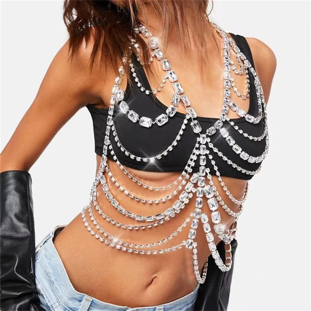 

Роскошные Крупные крупные ювелирные изделия из искусственной кожи, цепочка для Хэллоуина, карнавала, одежды, Хрустальная цепочка на грудь, ювелирные изделия, аксессуары для тела