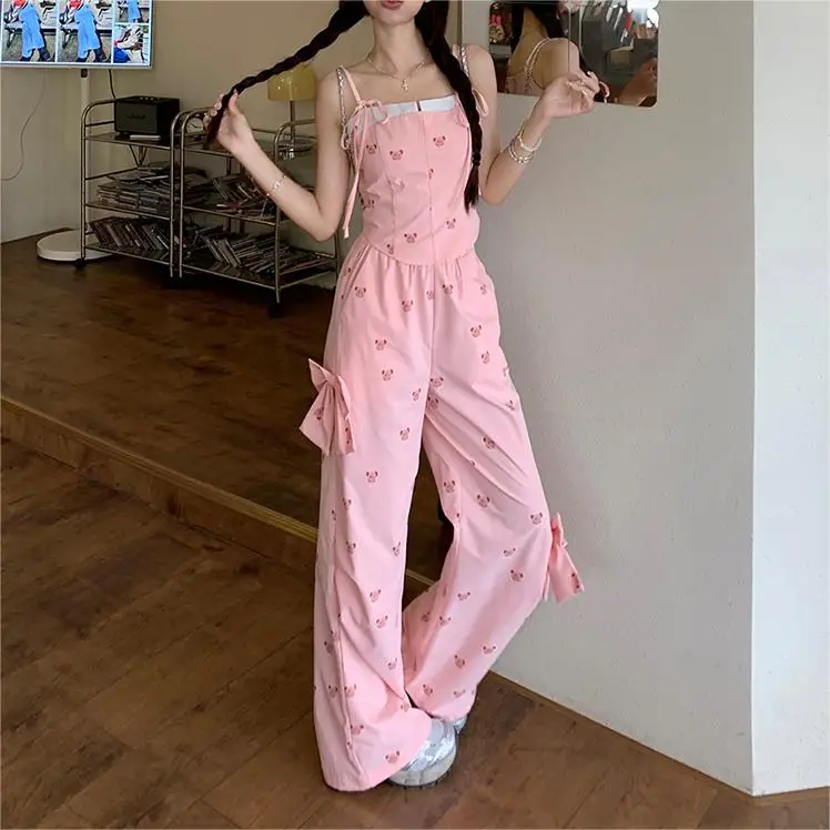 

Корейский модный женский летний комплект из топа без рукавов и брюк с широкими штанинами, комплект из двух предметов, повседневные Праздничные комплекты с принтом