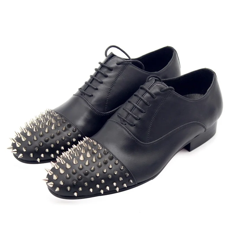 

Spring and summer new style long rivet cowhide lace up high Oxford shoe banquet versatile large square heel flat shoes for men