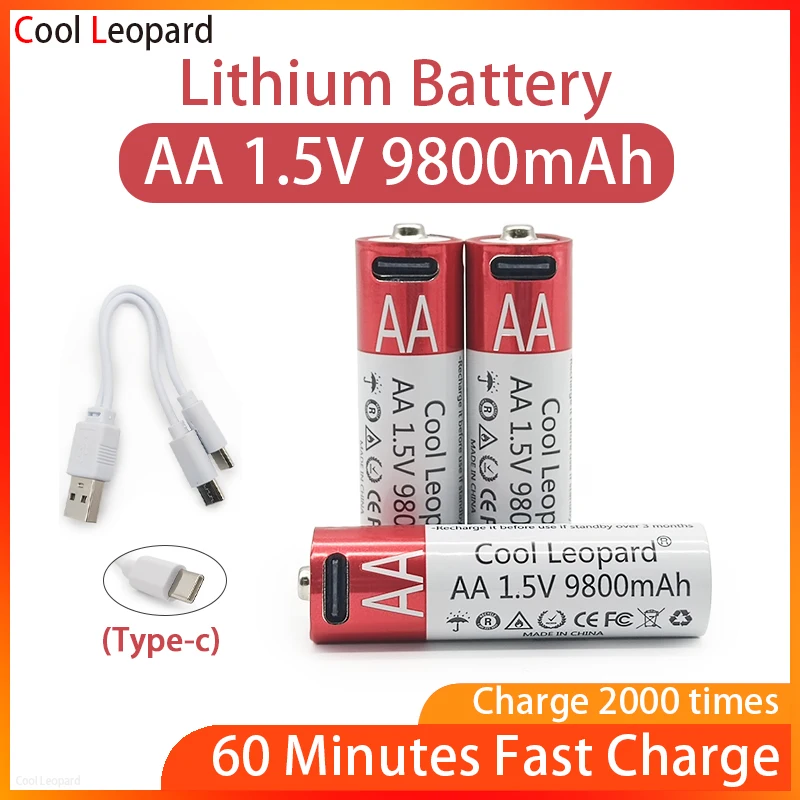 

2PCS 1.5V AA 9800mAh USB High Capacity Rechargeable Lithium Battery for Mouse Toy Clock Remote Control Li-ion Battery+Line